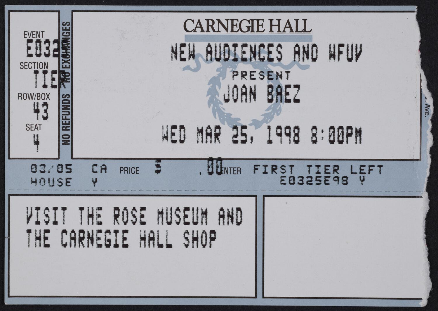 Ticket for Joan Baez, March 25, 1998 (front)