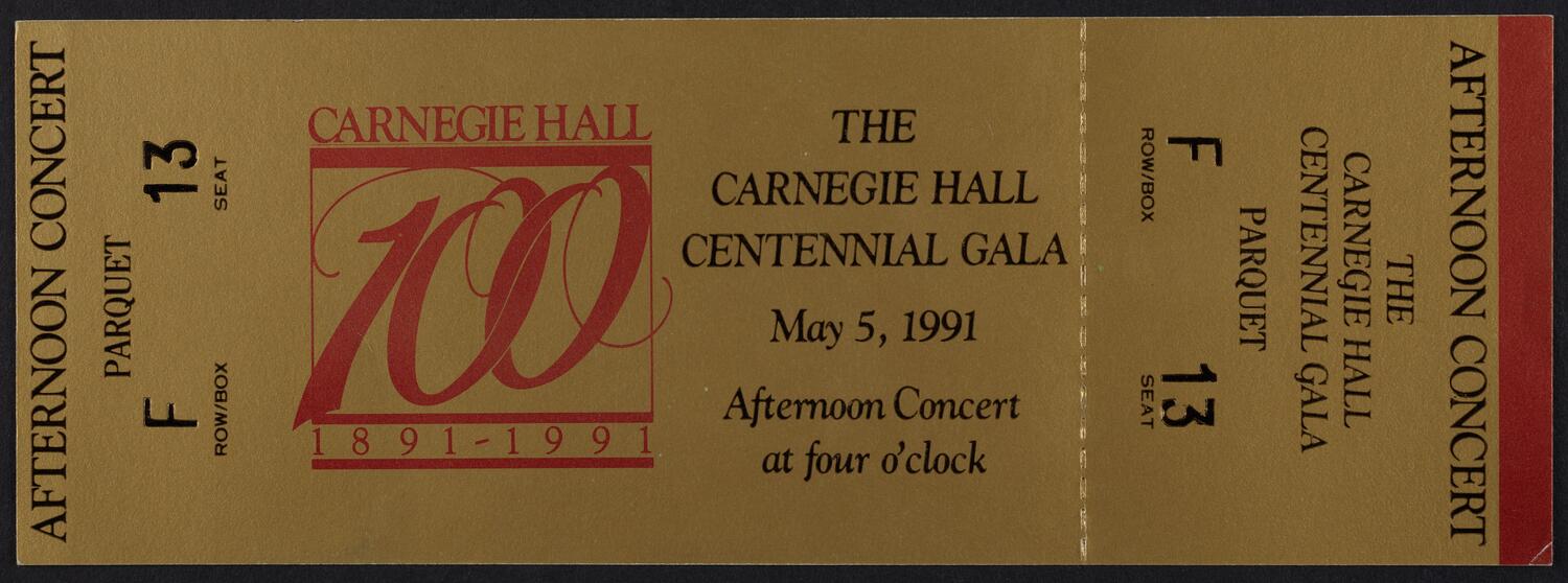 Ticket for the Carnegie Hall Centennial Gala, May 5, 1991 (front)