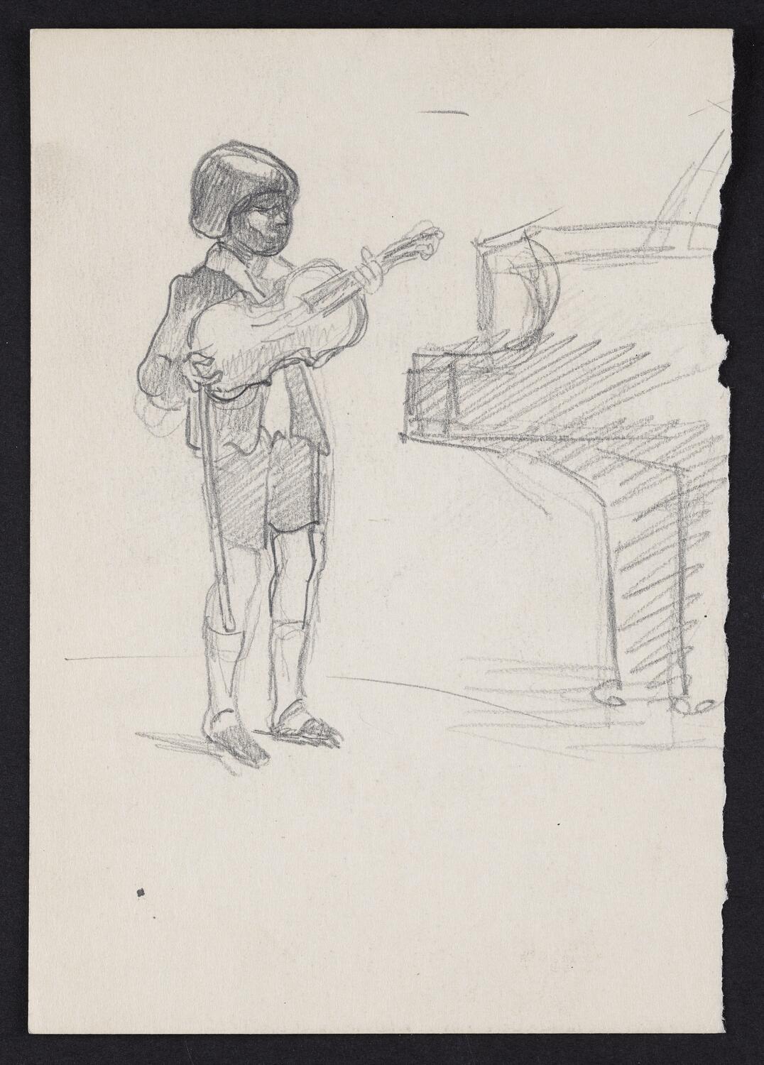 Sketch of Ruggiero Ricci holding a violin and standing next to a piano