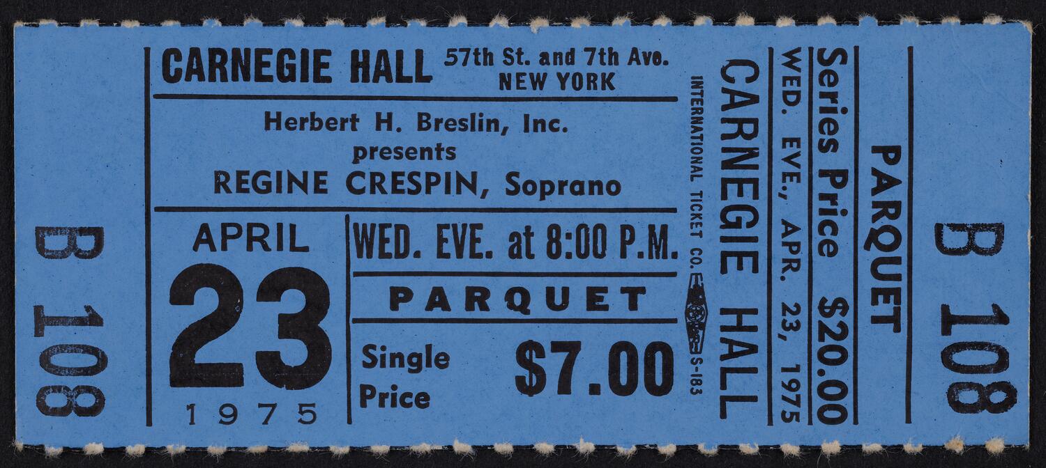 Ticket for Regine Crespin, April 23, 1975 (front)