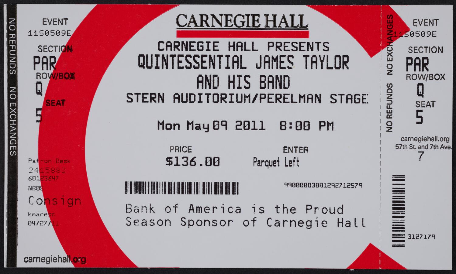 Ticket for Quintessential James Taylor and his Band, May 9, 2011 (front)