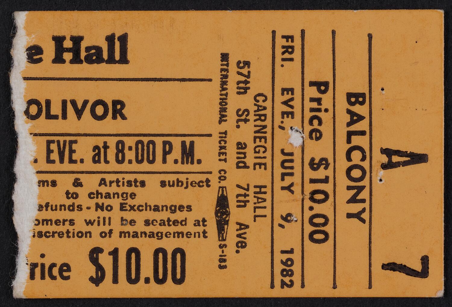 Ticket for Jane Olivor, July 9, 1982 (front)