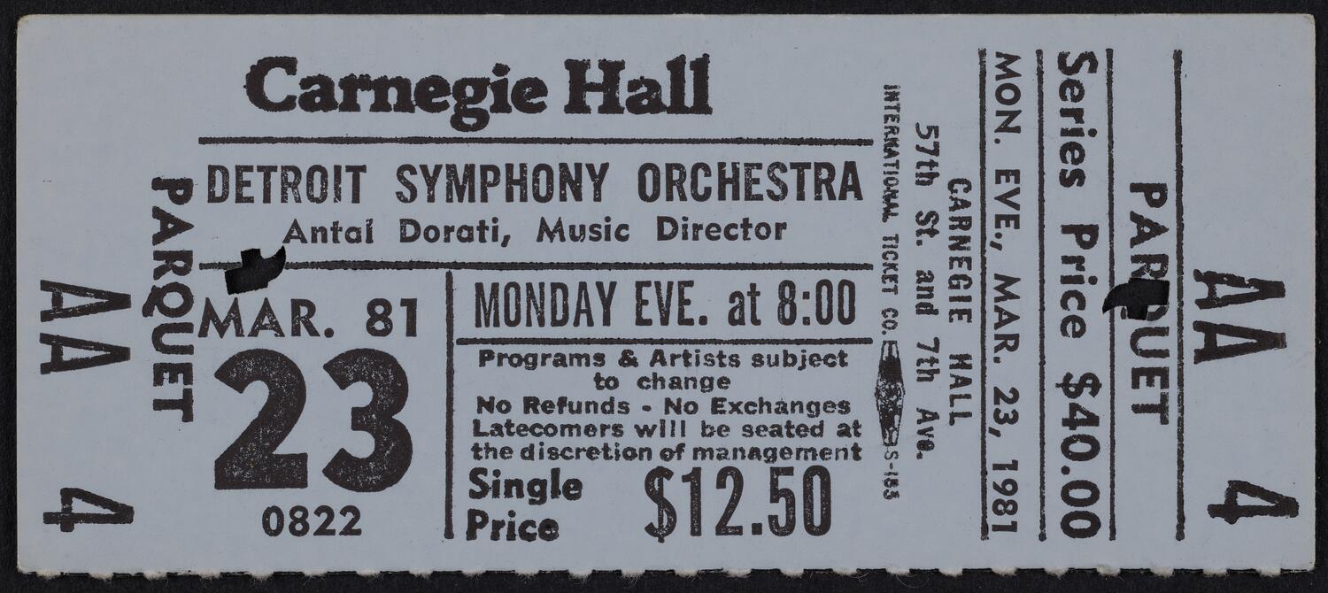 Ticket for Detroit Symphony Orchestra, March 23, 1981 (front)