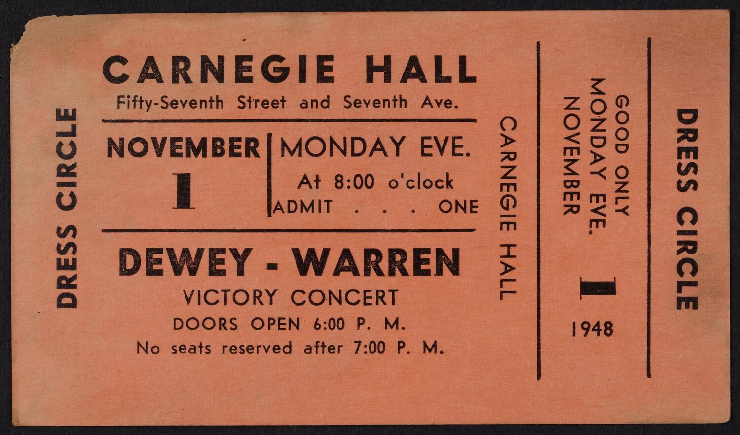 Ticket for Dewey-Warren Victory Concert and Rally, November 1, 1948 (front)