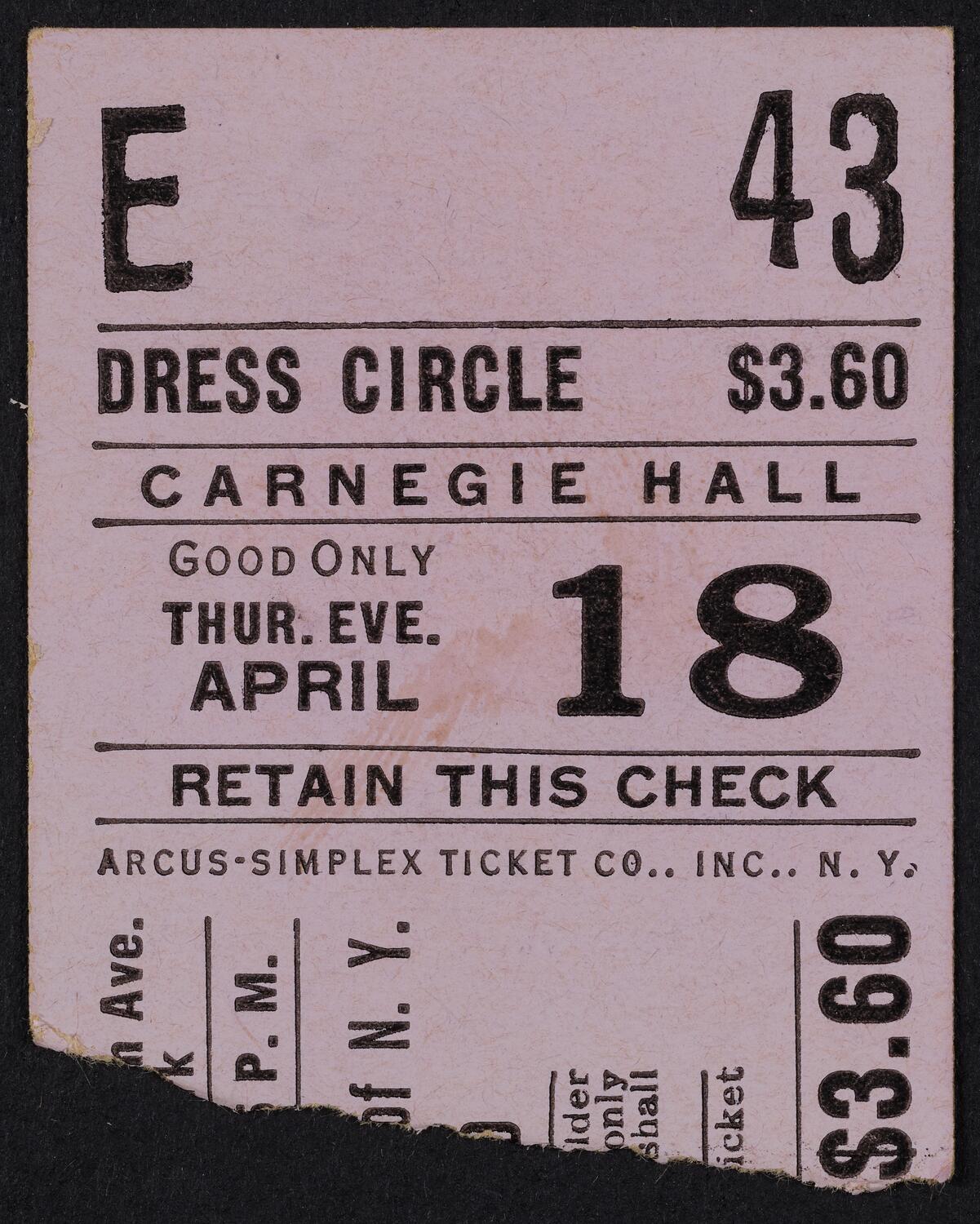 Ticket for Philharmonic Symphony Society of New York: Young People's Concert, April 18, 1942 (front)