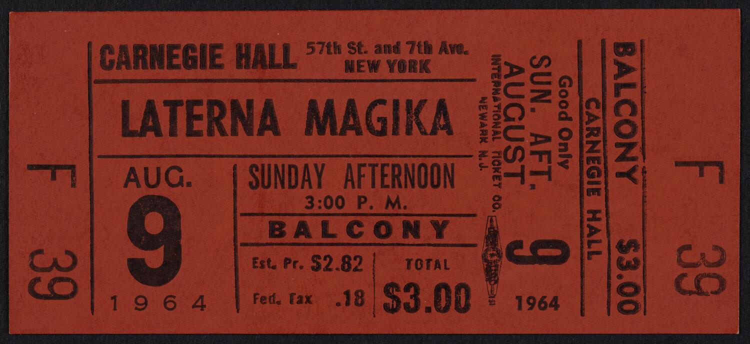 Ticket for Laterna Magika, August 9, 1964 (front)
