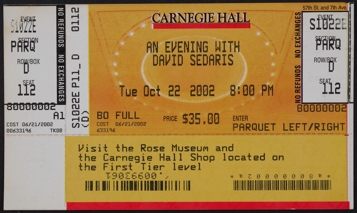 Ticket for An Evening with David Sedaris, October 22, 2002 (front)