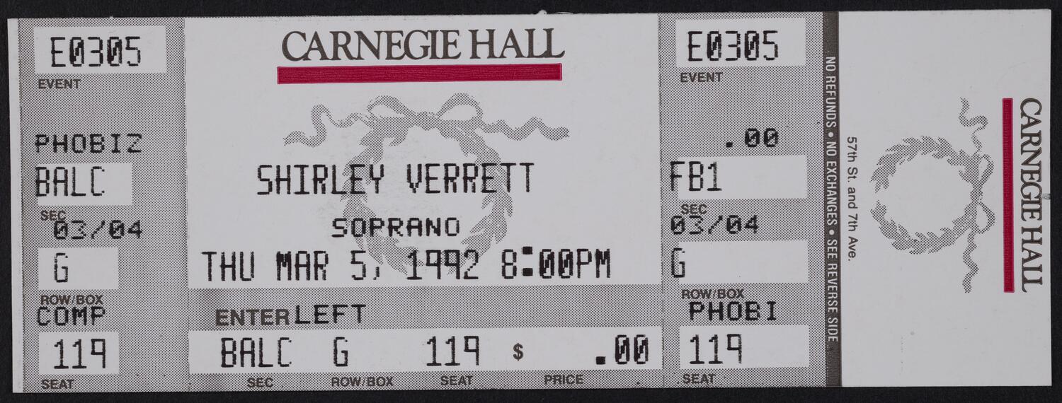 Ticket for Shirley Verrett, March 5, 1992 (front)
