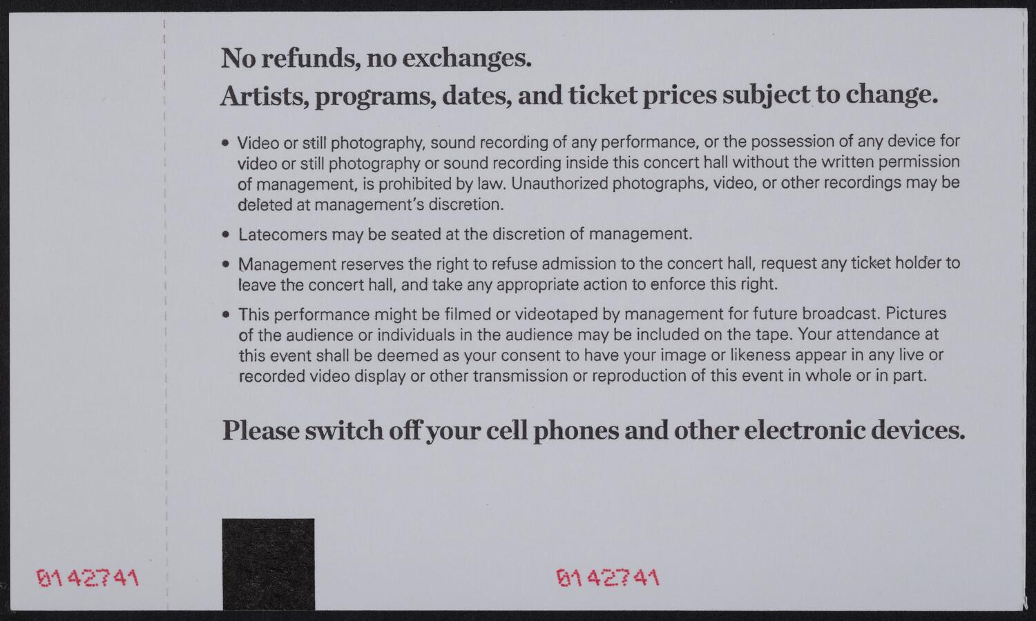 Ticket for Opening Night Gala: New York Philharmonic, October 7, 2015 (back)
