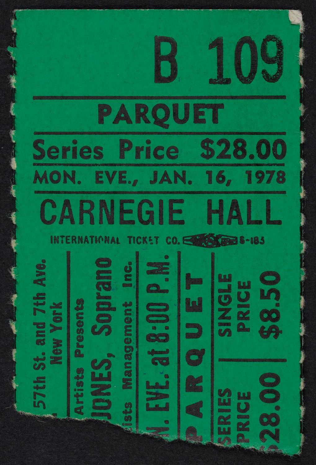 Ticket for Gwyneth Jones, January 16, 1978 (front)