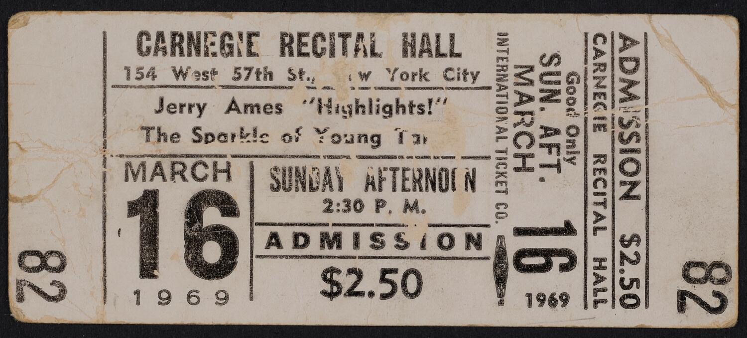 Ticket for Jerry Ames: Highlights, March 16, 1969 (front)