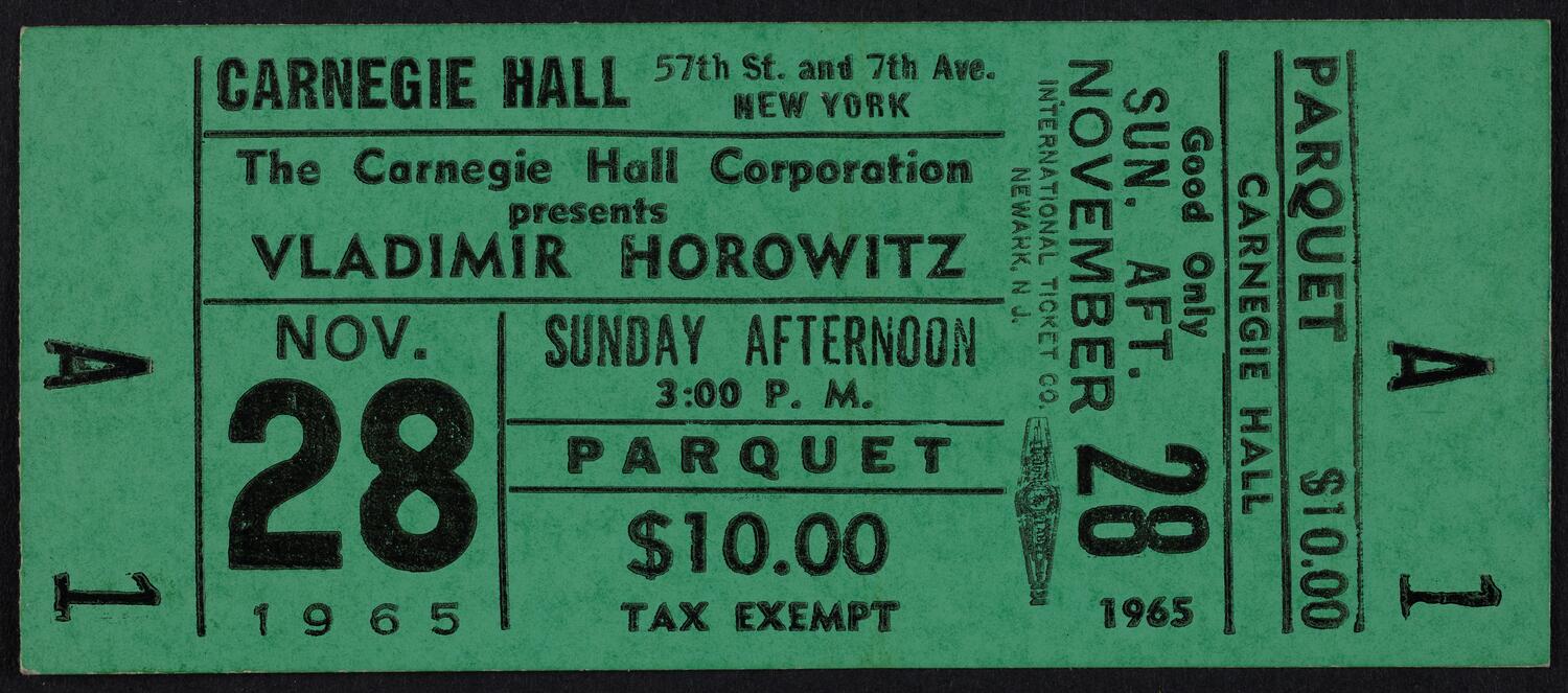 Ticket for Vladimir Horowitz, November 28, 1965 (front)