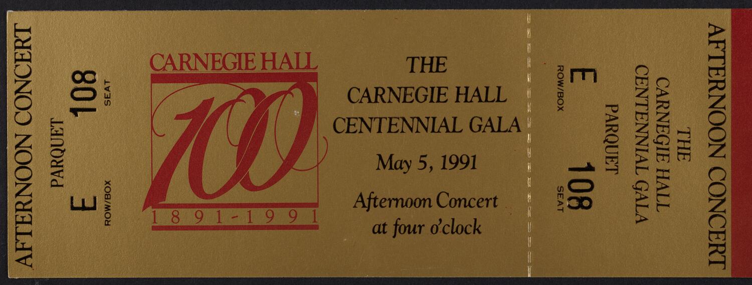 Ticket for the Carnegie Hall Centennial Gala, May 5, 1991 (front)