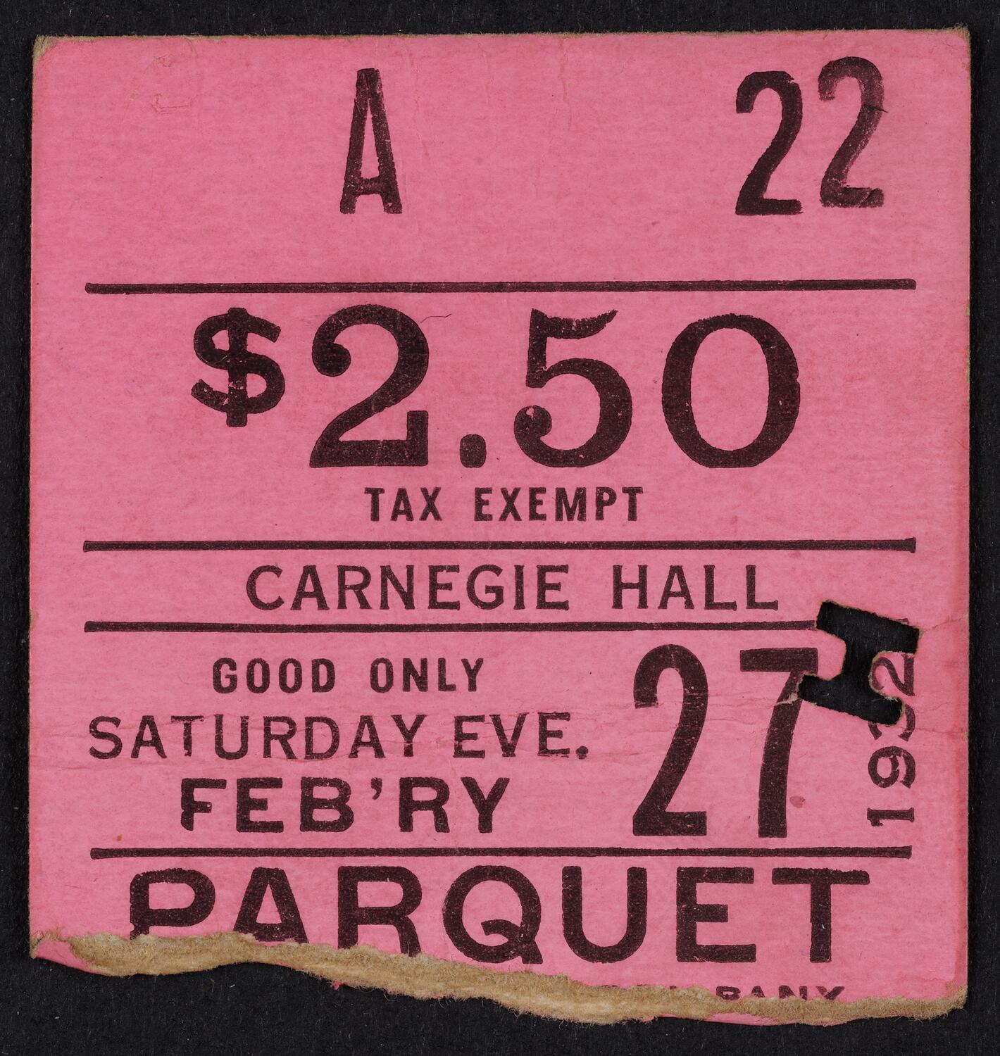 Ticket for Intercollegiate Glee Club Contest, February 27, 1932 (front)