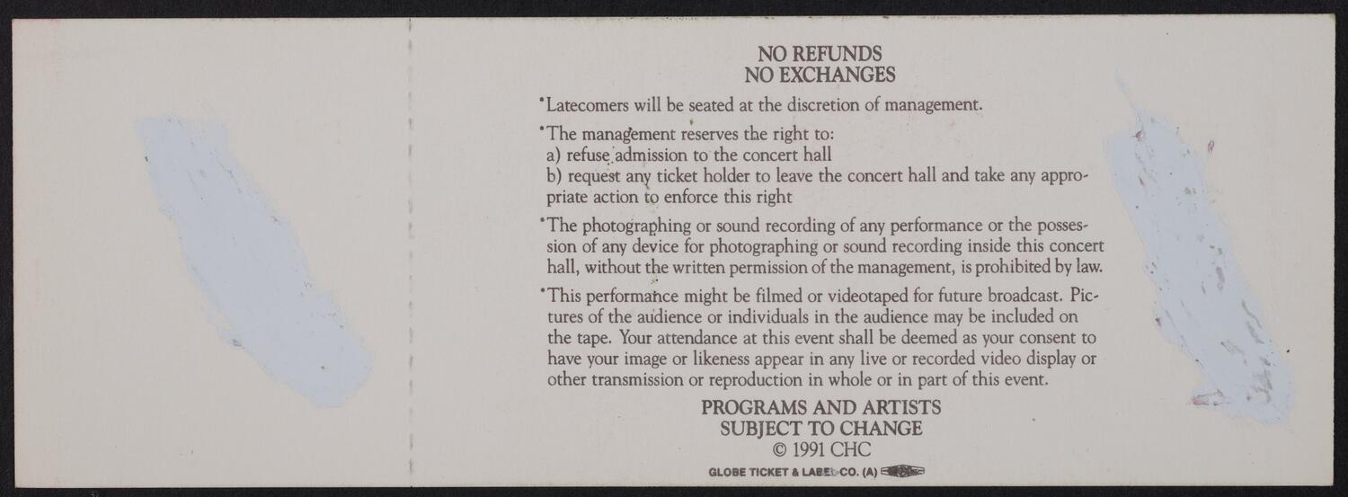 Ticket for the Carnegie Hall Centennial Gala, May 5, 1991 (back)