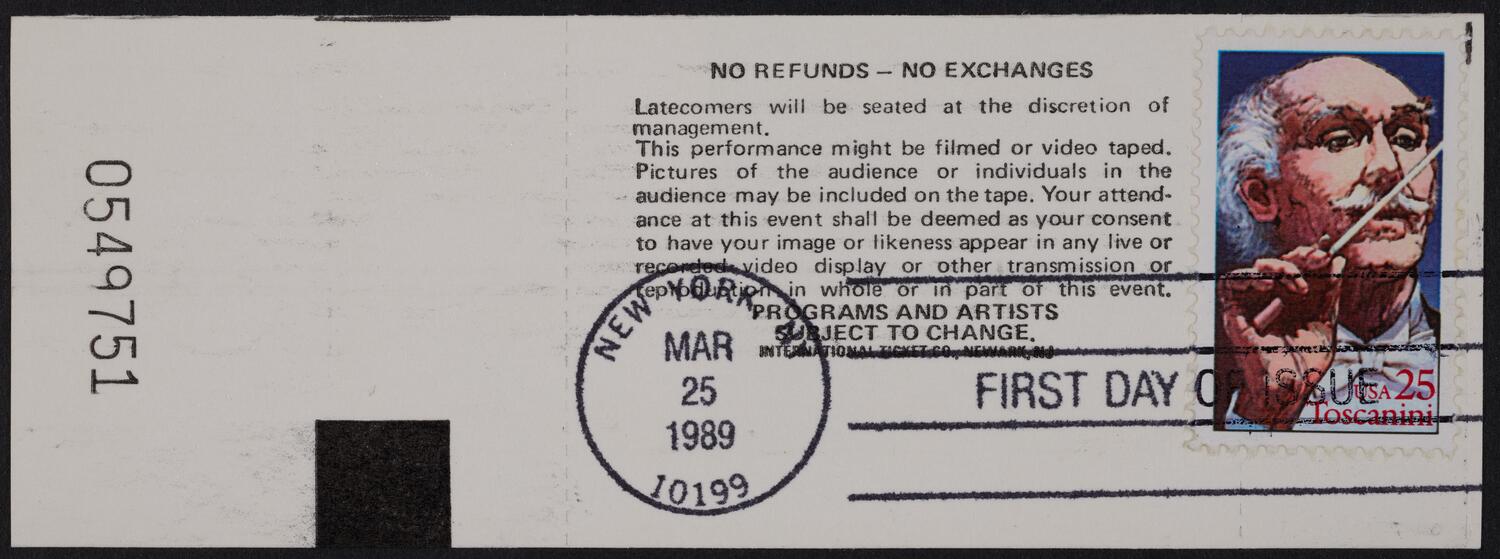 Ticket for Toscanini Stamp Ceremony, March 25, 1989 (back)