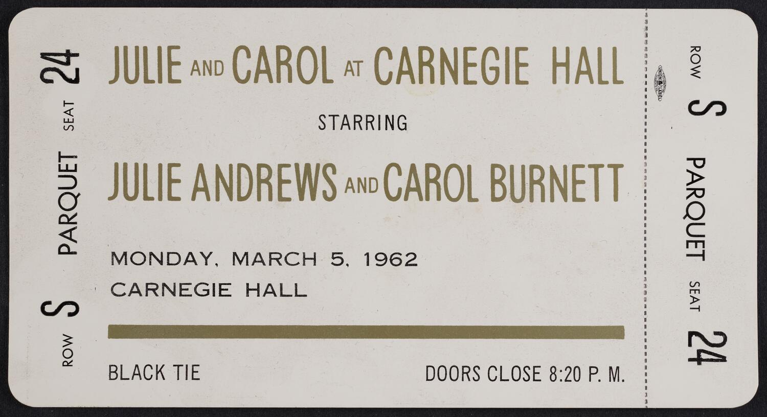 Ticket for Julie and Carol at Carnegie Hall, March 5, 1962 (front)
