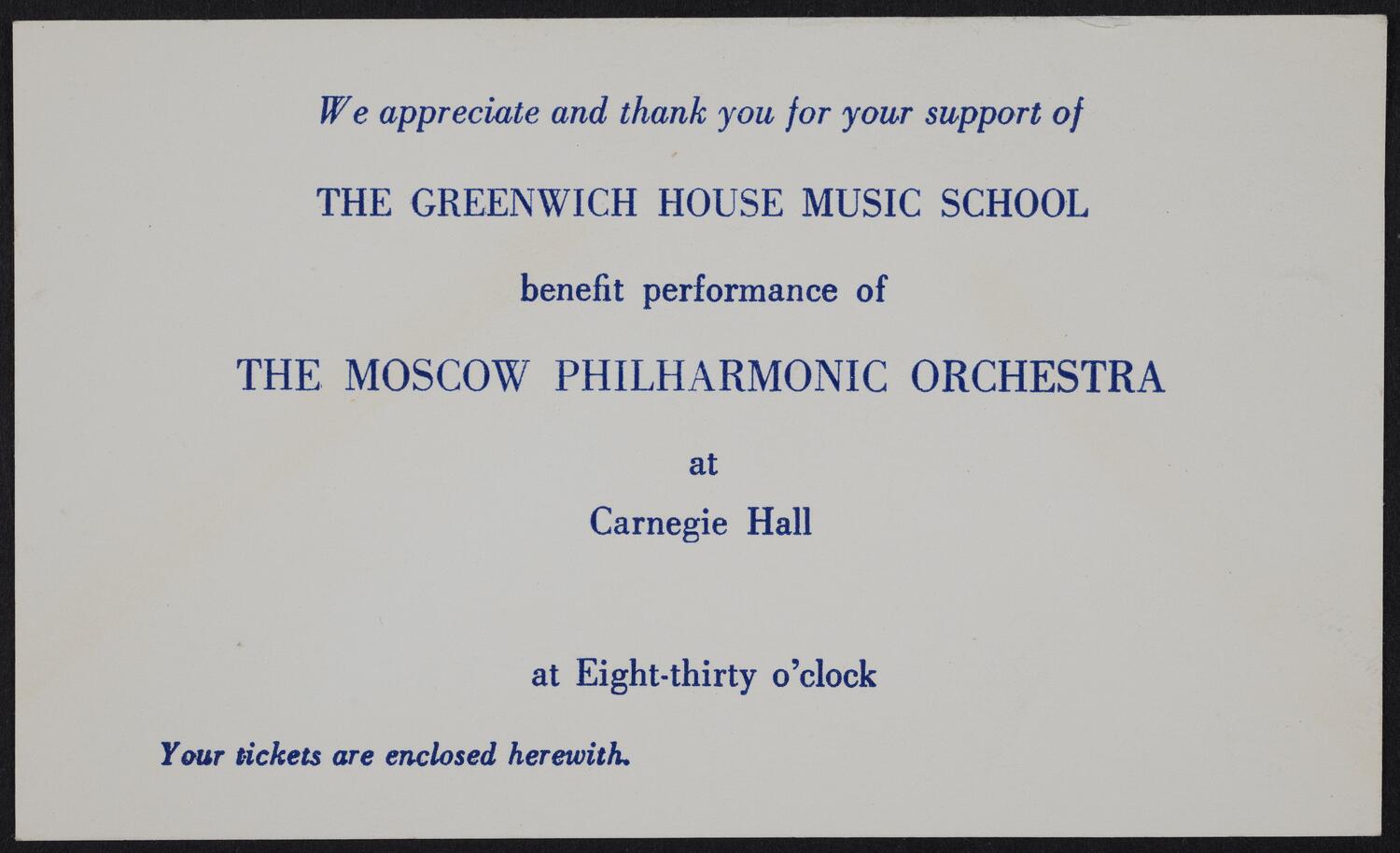 Ticket for The Greenwich House Music School Benefit Performance: The Moscow Philharmonic Orchestra, October 19, 1965 (front)