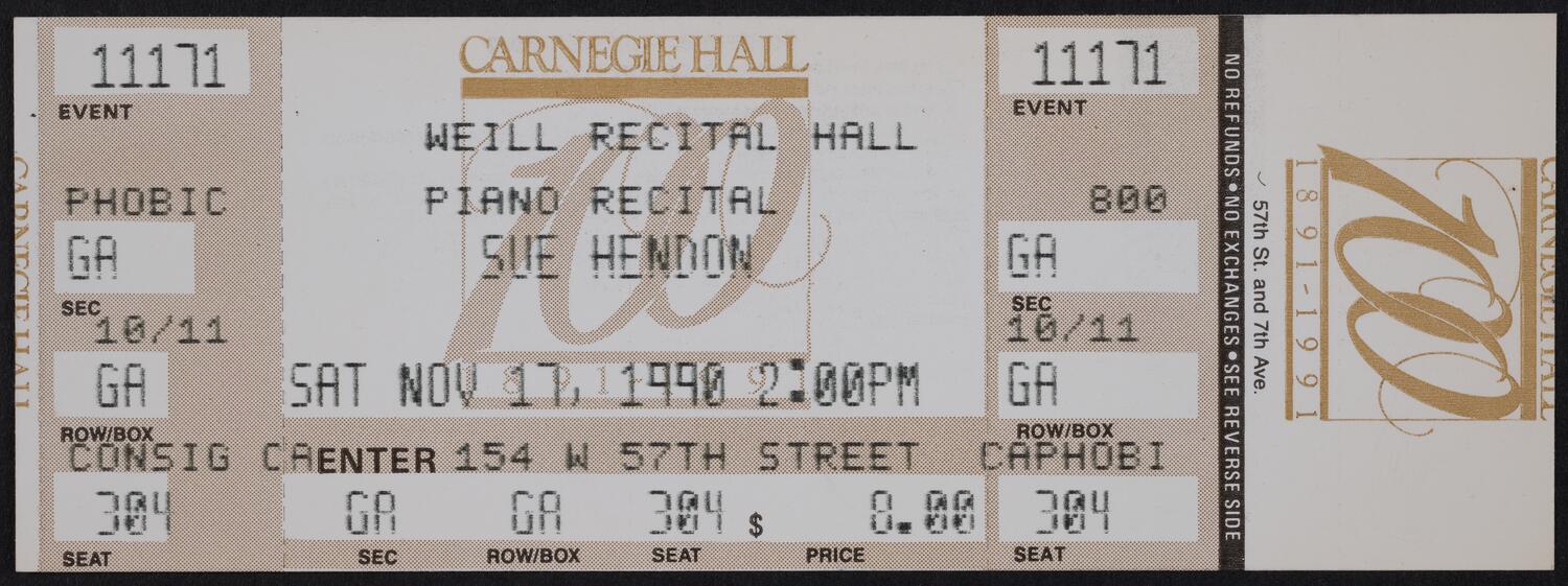 Ticket for Sue Hendon, November 17, 1990 (front)