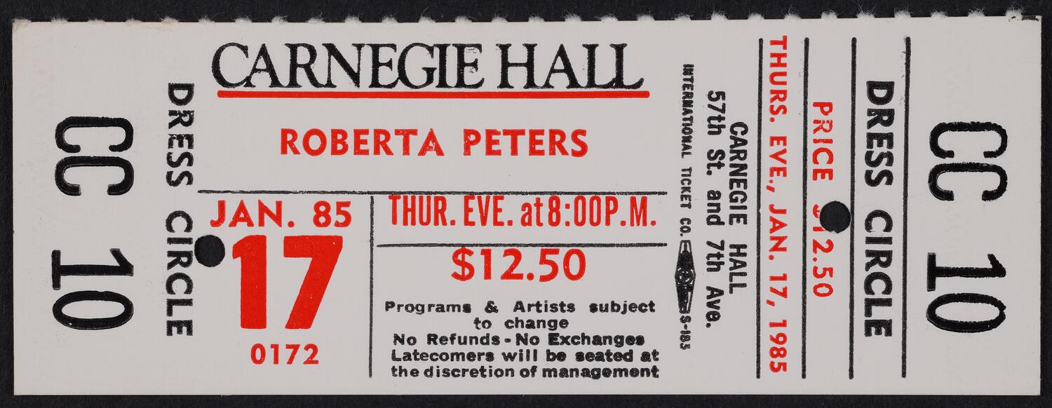 Ticket for Roberta Peters, January 17, 1985 (front)