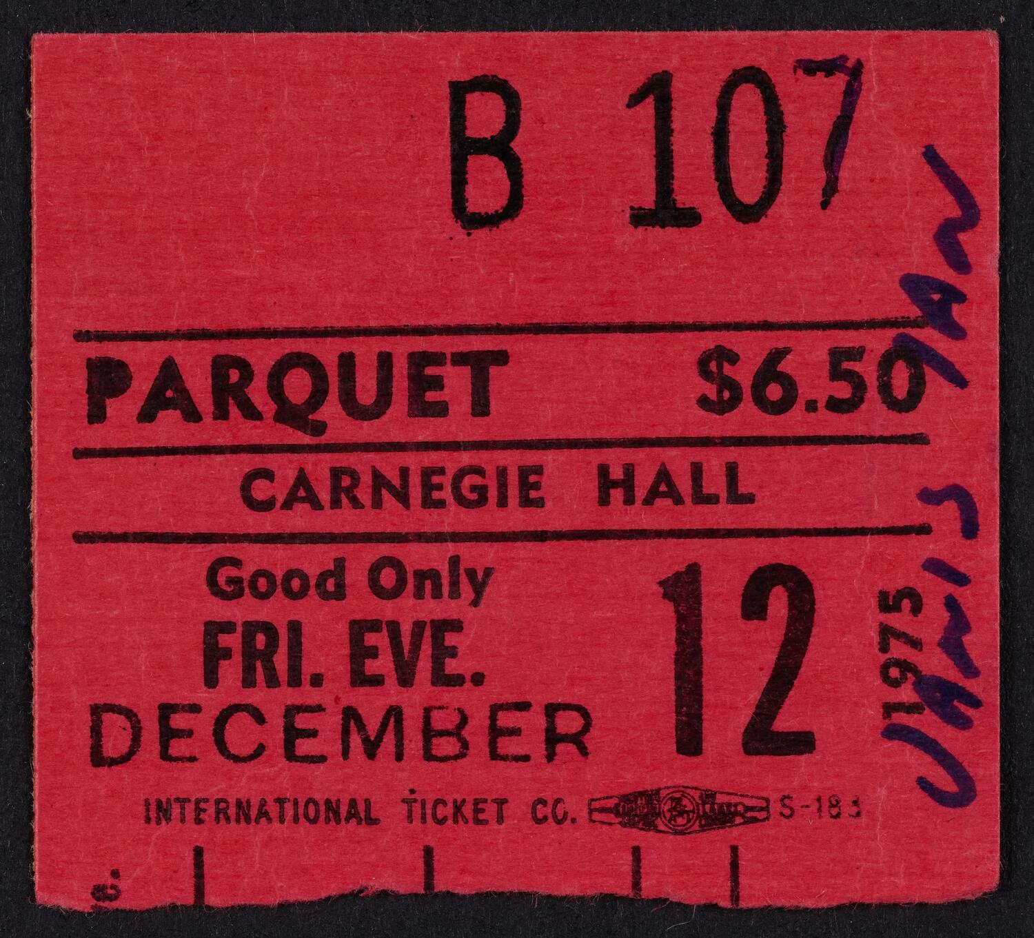 Ticket for Janis Ian, December 12, 1975 (front)