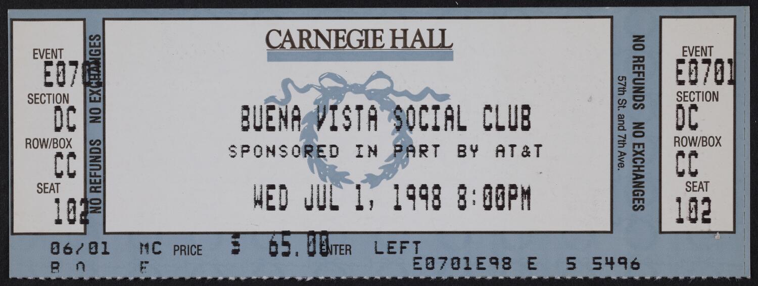 Ticket for Buena Vista Social Club, July 1, 1998 (front)