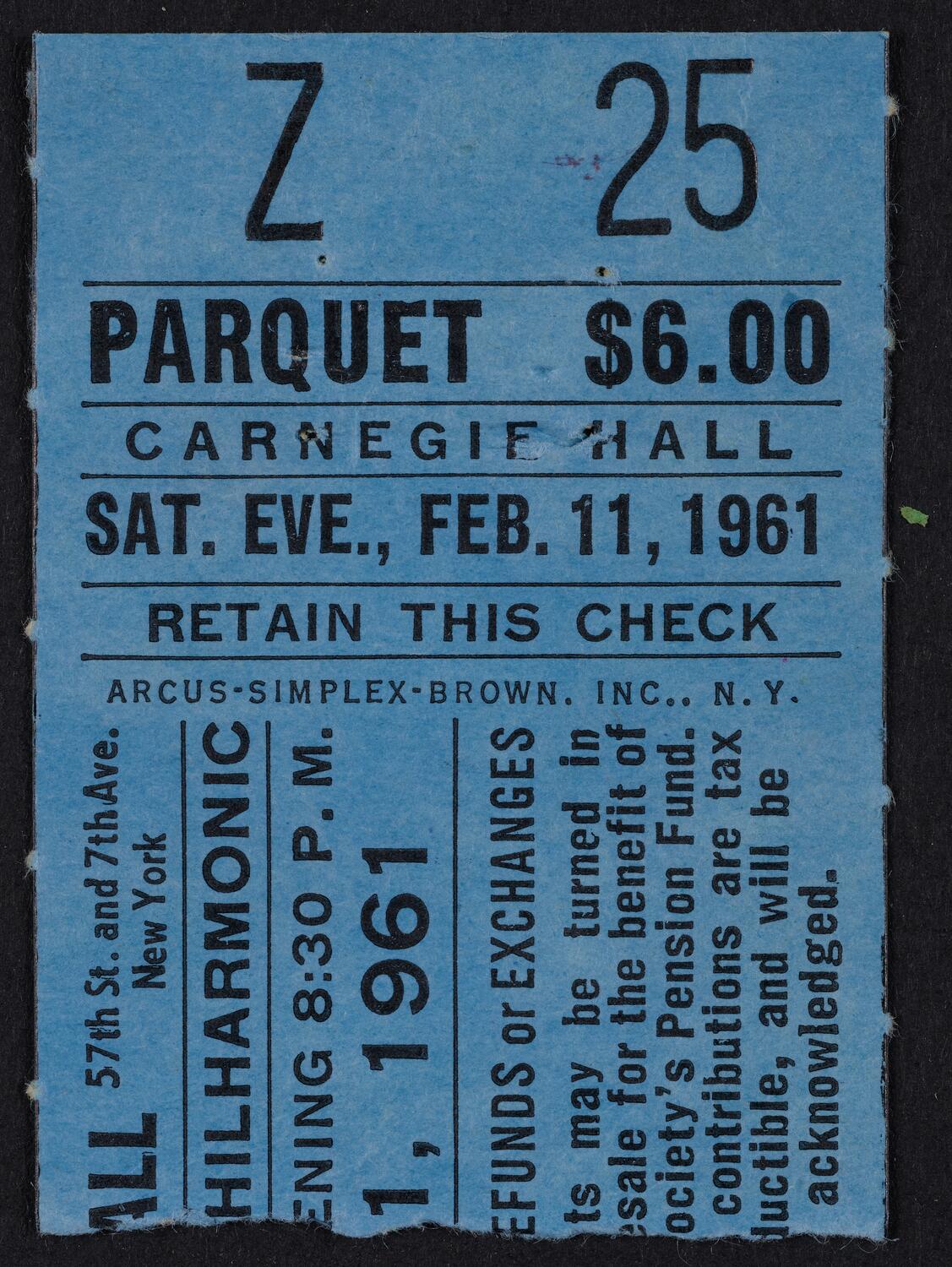 Ticket for New York Philharmonic, February 11, 1961 (front)
