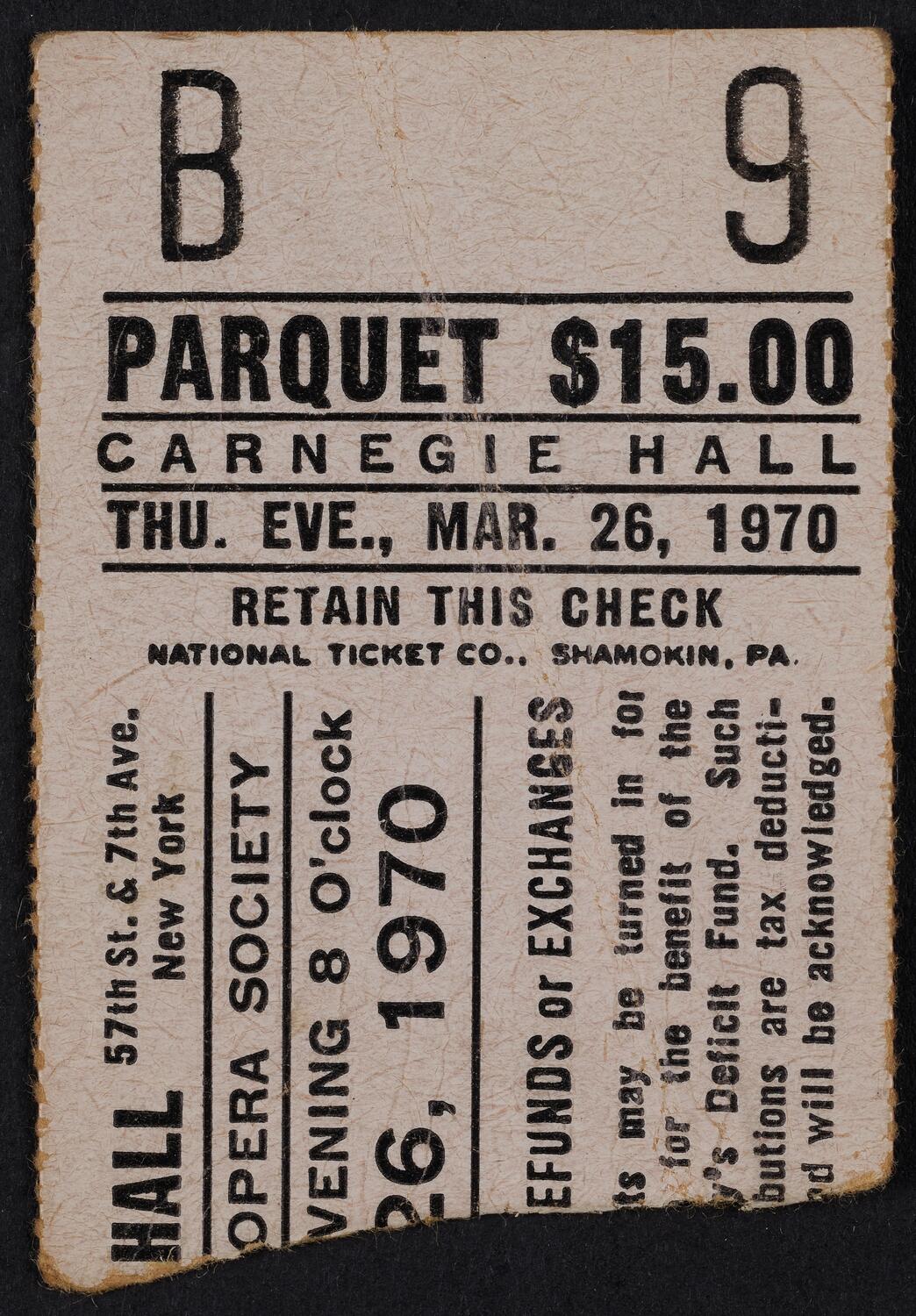 Ticket for American Opera Society, March 26, 1970 (front)