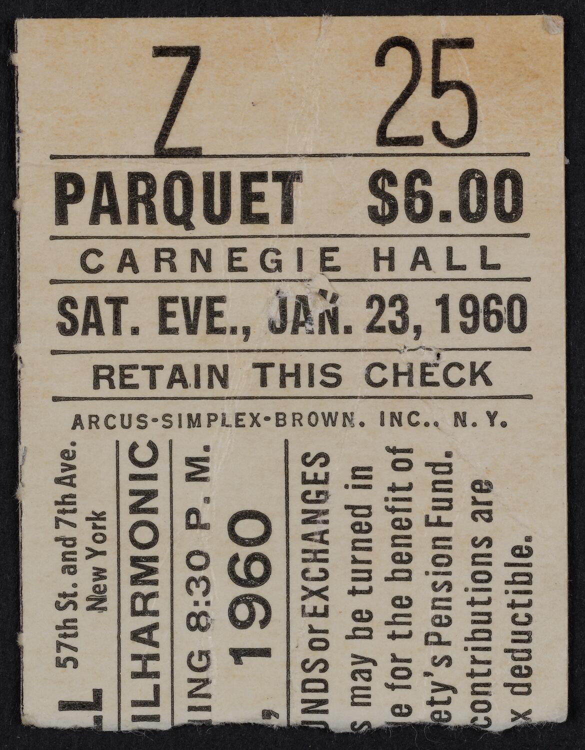 Ticket for New York Philharmonic, January 23, 1960 (front)