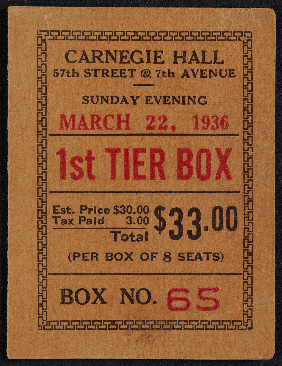 Ticket for Yehudi Menuhin, Violin, and Hephzibah Menuhin, Piano, March 22, 1936 (front)