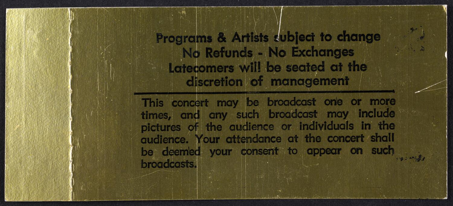 Ticket for the Gala Reopening of Carnegie Hall, December 15, 1986 (back)