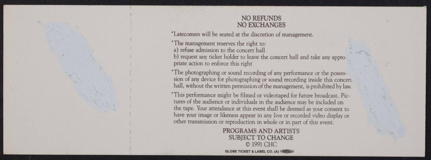 Ticket for the Carnegie Hall Centennial Gala, May 5, 1991 (back)