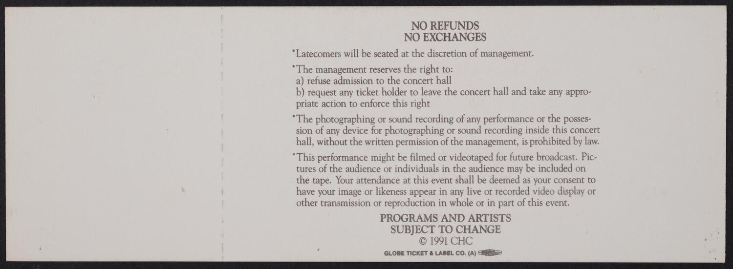 Ticket for the Carnegie Hall Centennial Gala, May 5, 1991 (back)