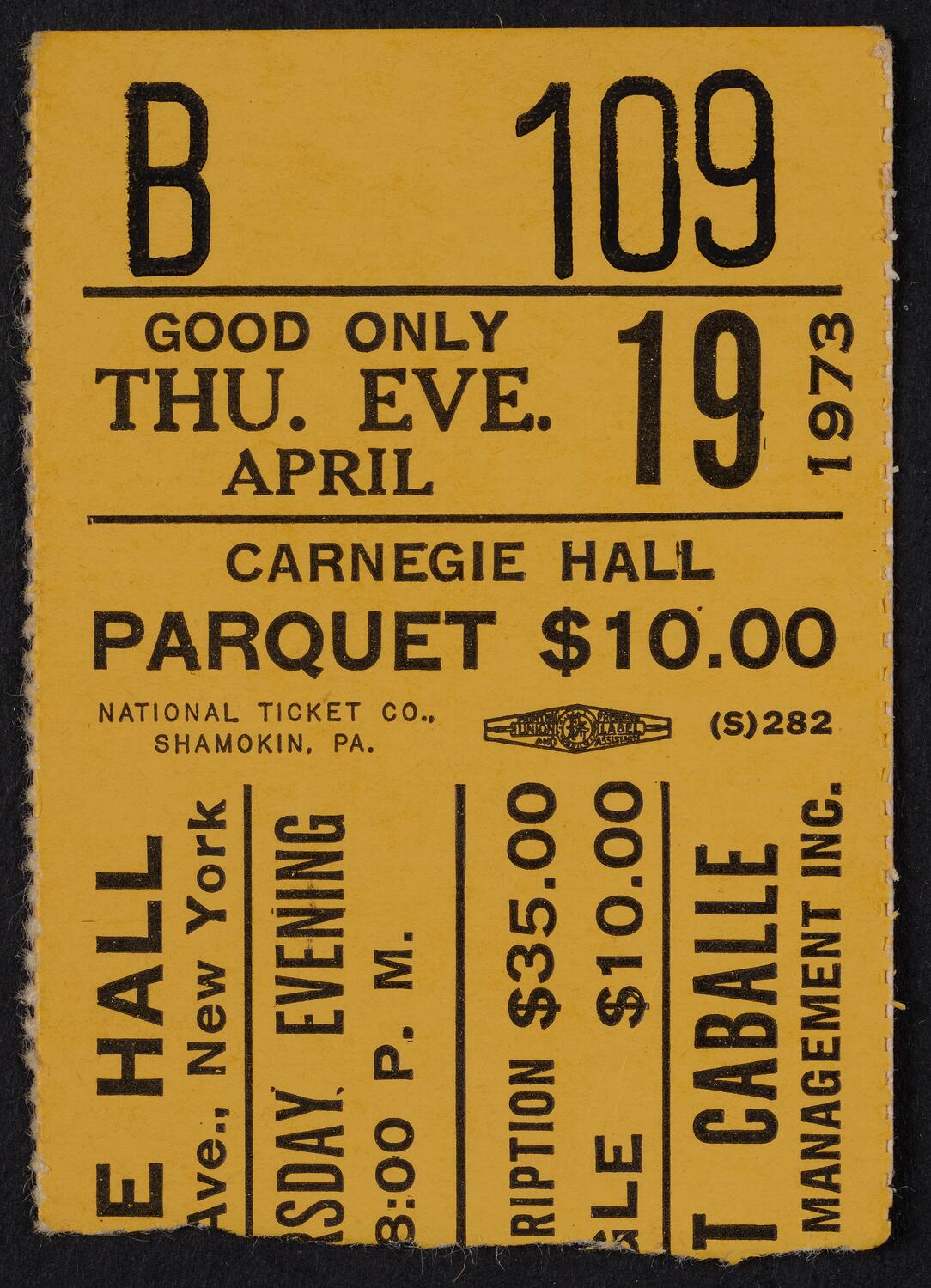 Ticket for Montserrat Caballé with Bernabé Martí, April 19, 1973 (front)