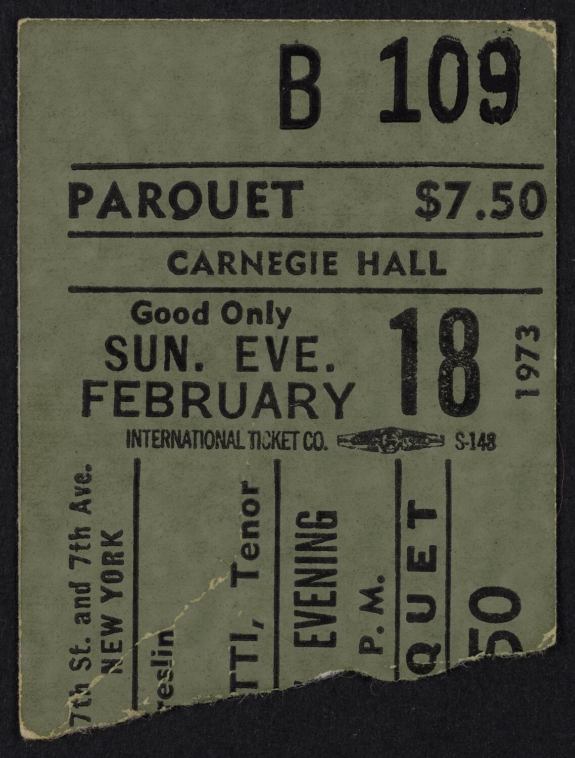 Ticket for Luciano Pavarotti, February 18, 1973 (front)