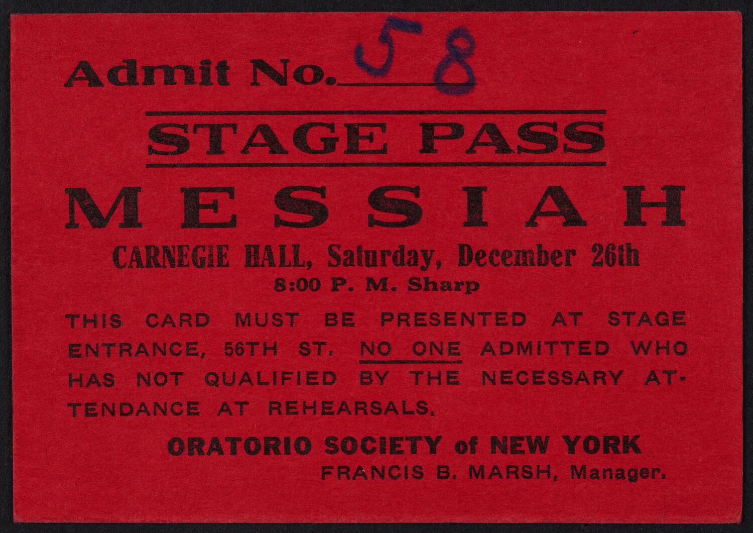 Ticket for Oratorio Society of New York: Messiah, December 26, 1925 (front)