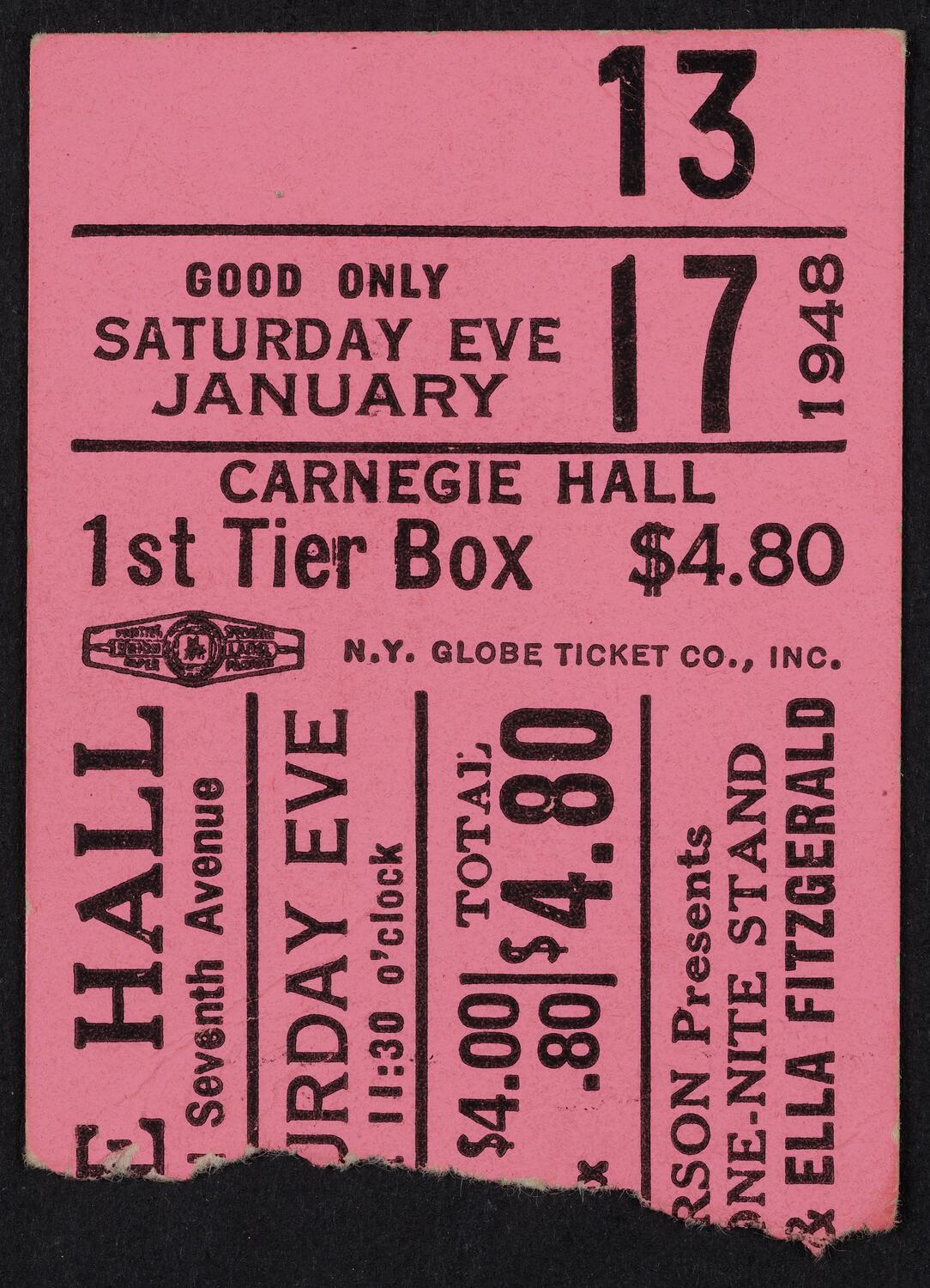 Ticket for Fred Robbins One-Nite Stand: Illinois Jacquet and His Orchestra with Ella Fitzgerald, January 17, 1948 (front)