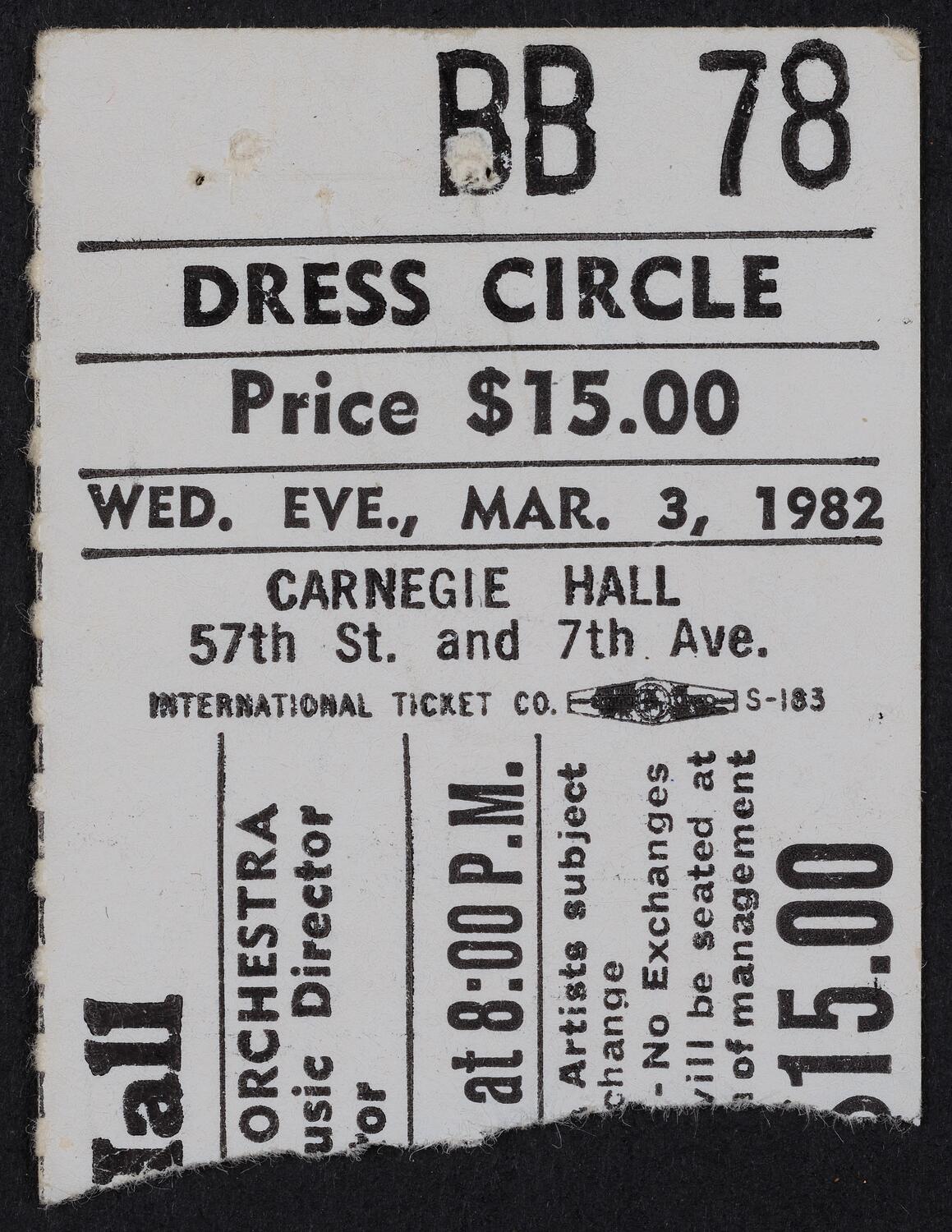 Ticket for Saint Paul Chamber Orchestra, March 3, 1982 (front)