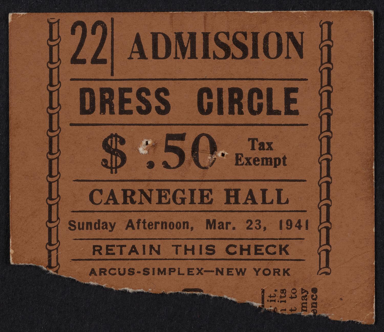 Ticket for Philharmonic-Symphony Society of New York, March 23, 1941 (front)