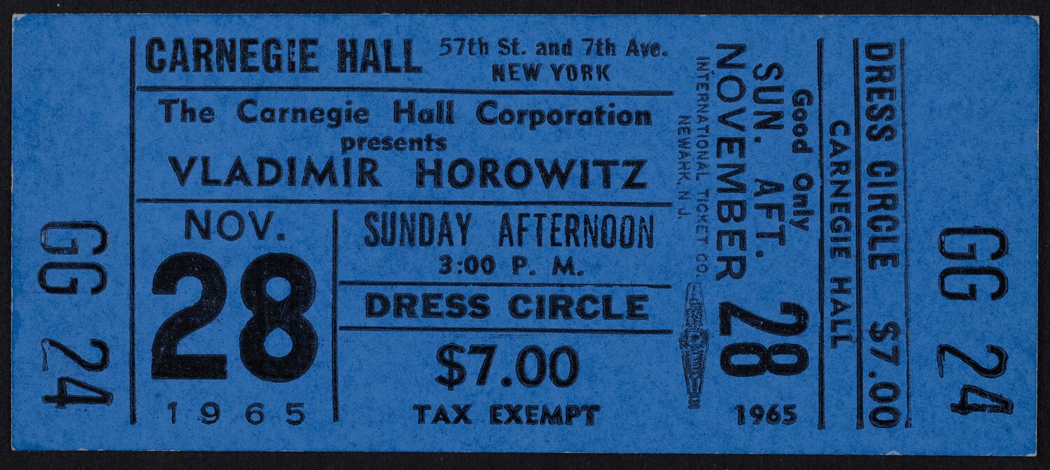 Ticket for Vladimir Horowitz, November 28, 1965 (front)
