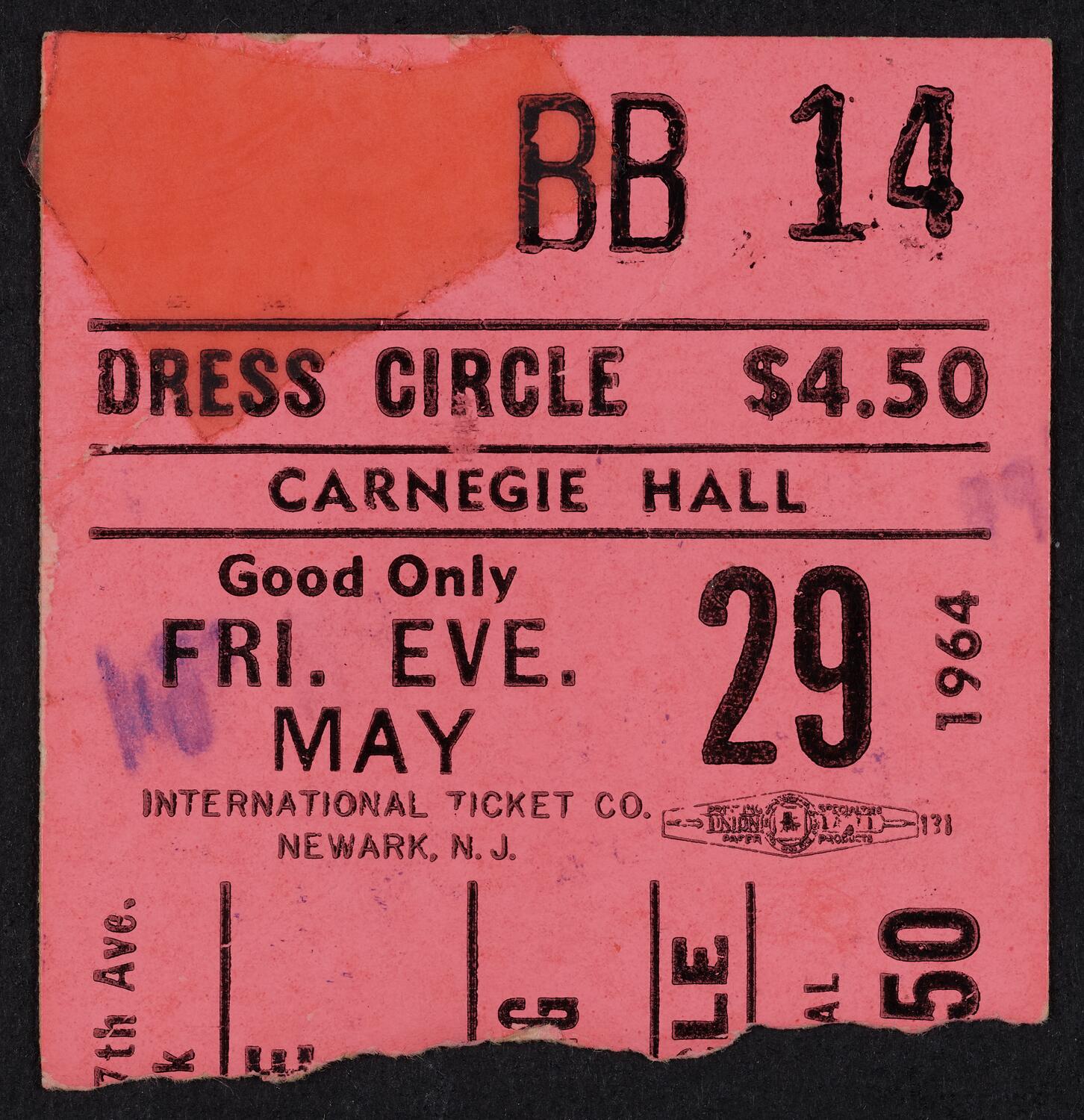 Ticket for Dave Clark Five, May 29, 1964 (front)