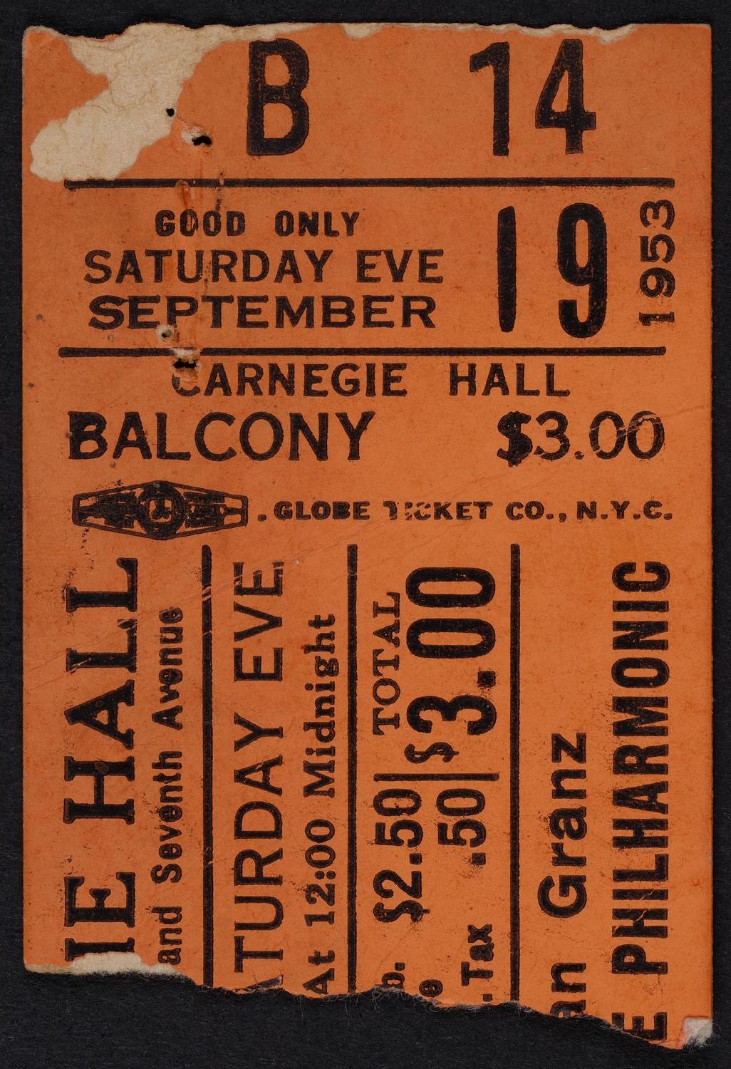 Ticket for Jazz at the Philharmonic, September 19, 1953 (front)