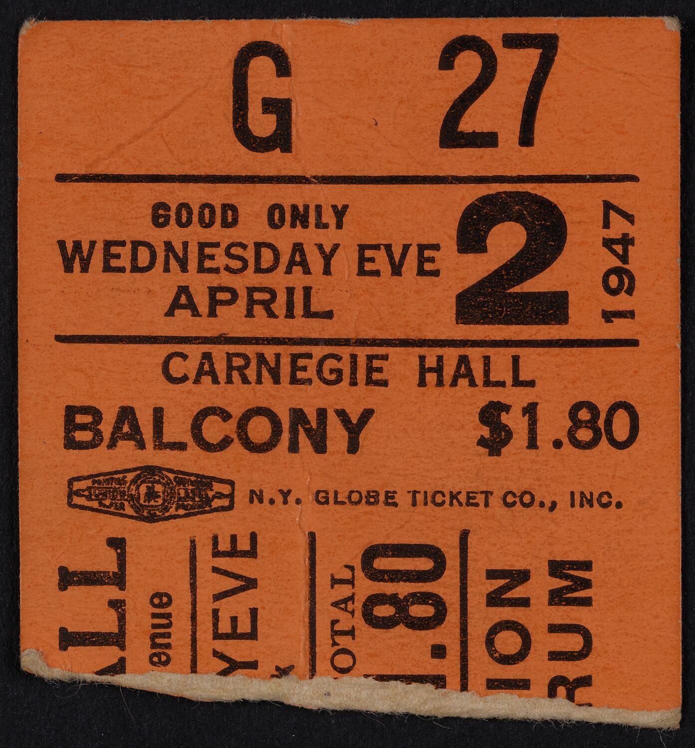 Ticket for Schola Cantorum of New York, April 2, 1947 (front)