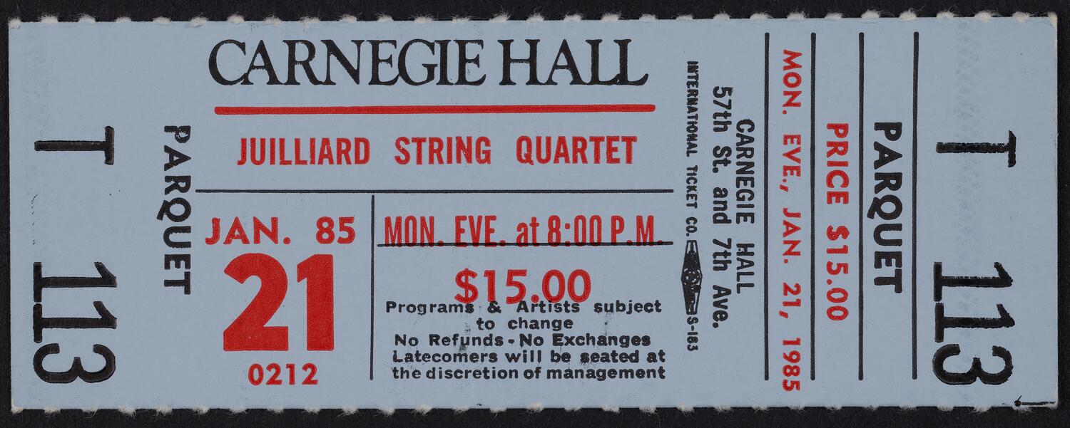Ticket for Juilliard String Quartet, January 21, 1985 (front)