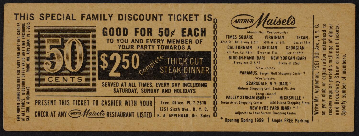 Ticket for International Music Salute Israel's 10th Anniversary, November 2, 1958 (back)