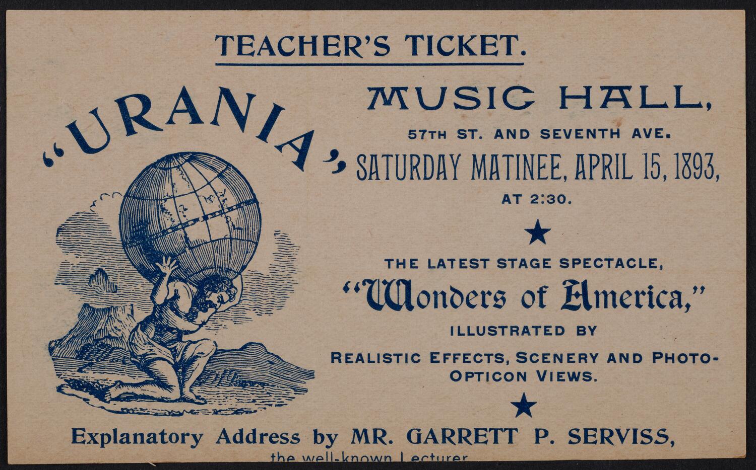 Ticket for Urania: Wonders of America, April 15, 1893 (front)