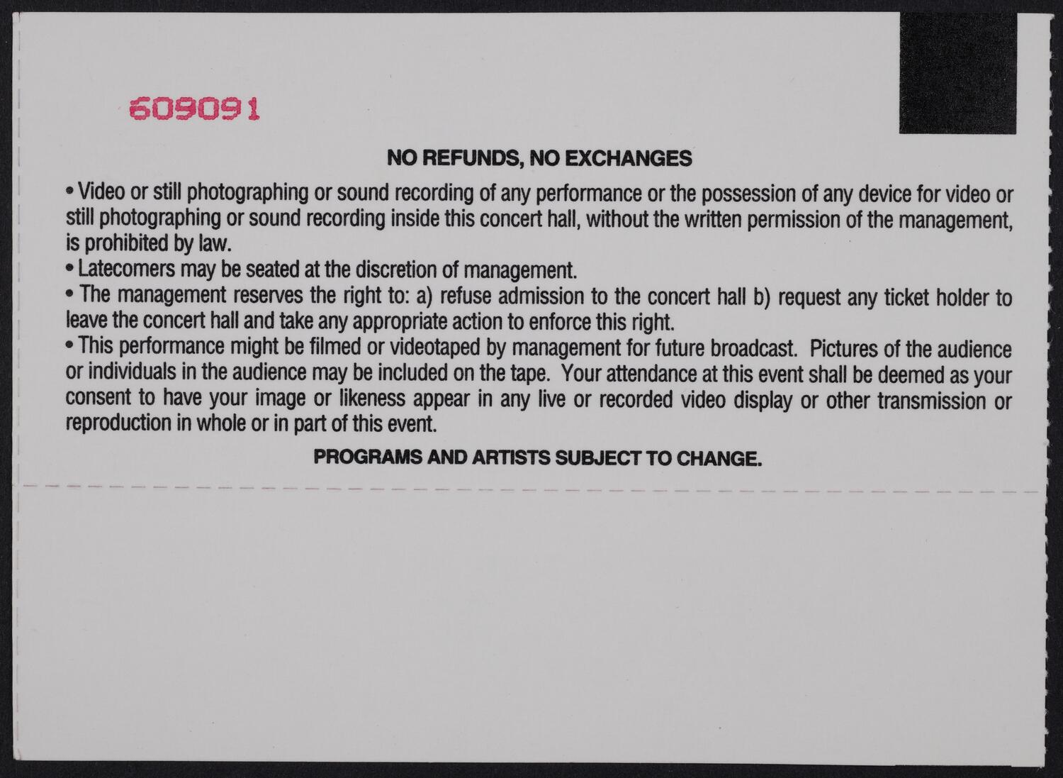 Ticket for Dudley Moore: A Man for All Seasons, April 16, 2001 (back)