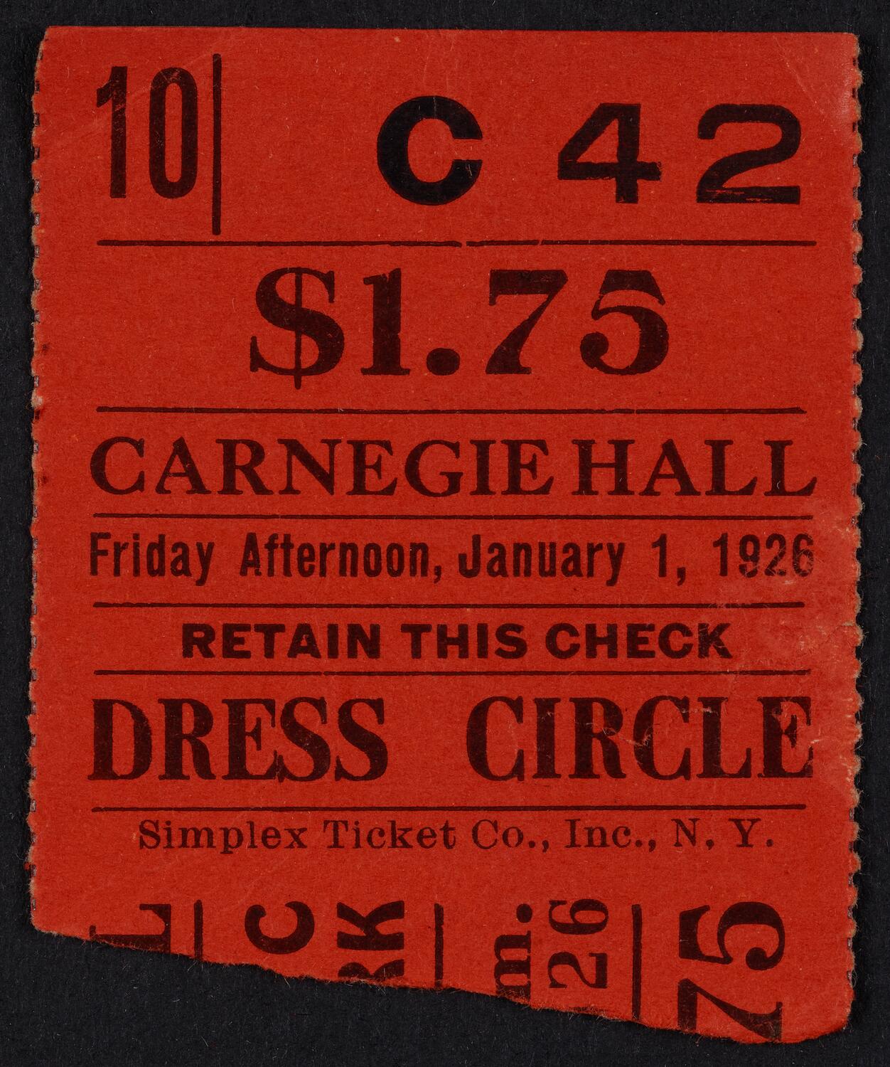 Ticket for Philharmonic-Symphony Society of New York, January 1, 1926 (front)