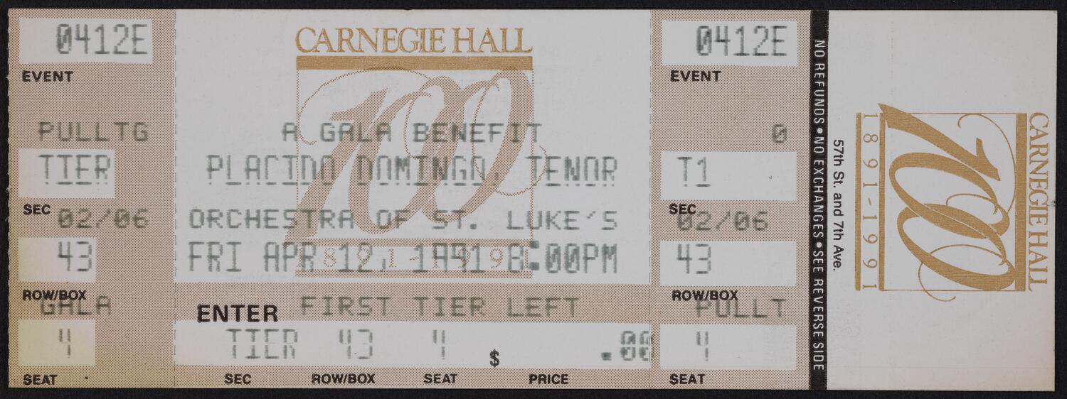 Ticket for A Gala Event: Plácido Domingo and Orchestra of St. Luke's, April 12, 1991 (front)