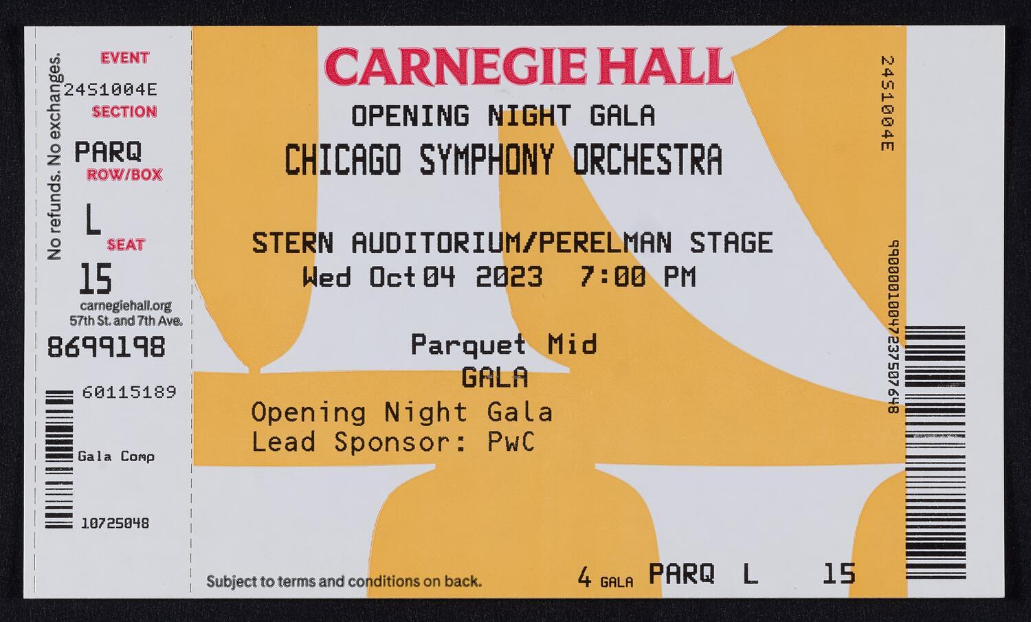 Ticket for Opening Night Gala: Chicago Symphony Orchestra, October 4, 2023 (front)
